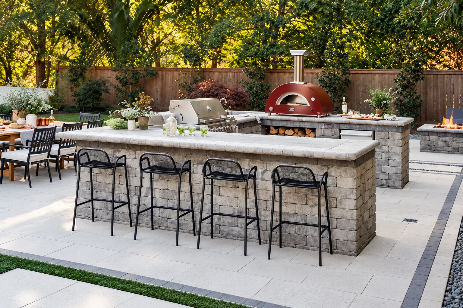 A stone outdoor kitchen and bar on a paved patio, with a grill, wood-fired oven, stools and dining area.