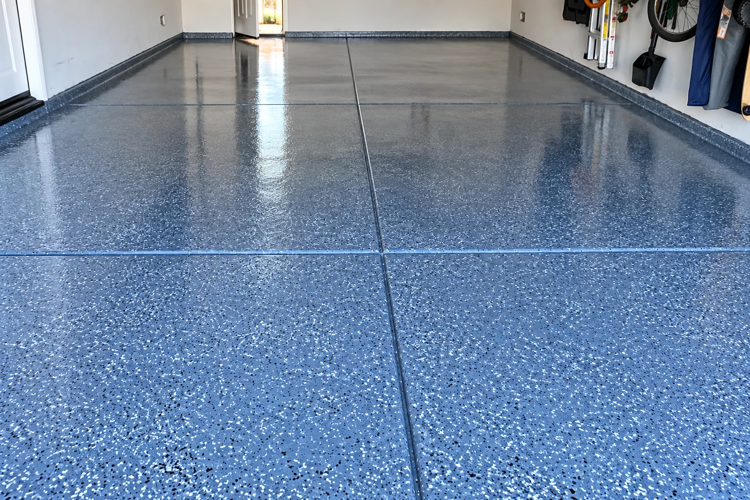 A glossy blue-gray speckled coating covers a garage floor, with expansion joints and bicycles stored along the wall.