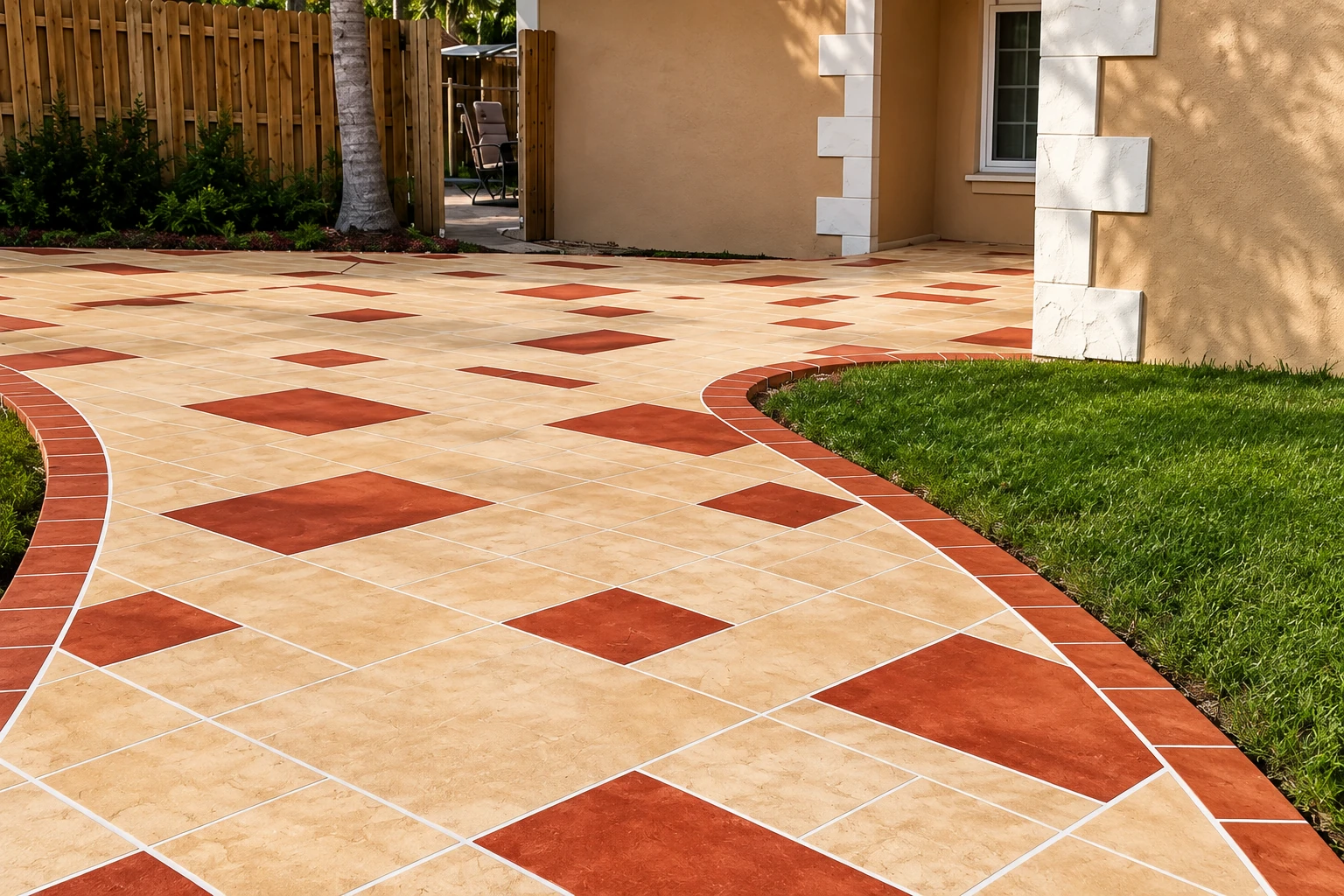 A curved patio walkway has tan and terracotta stamped concrete tiles beside a lawn and house.