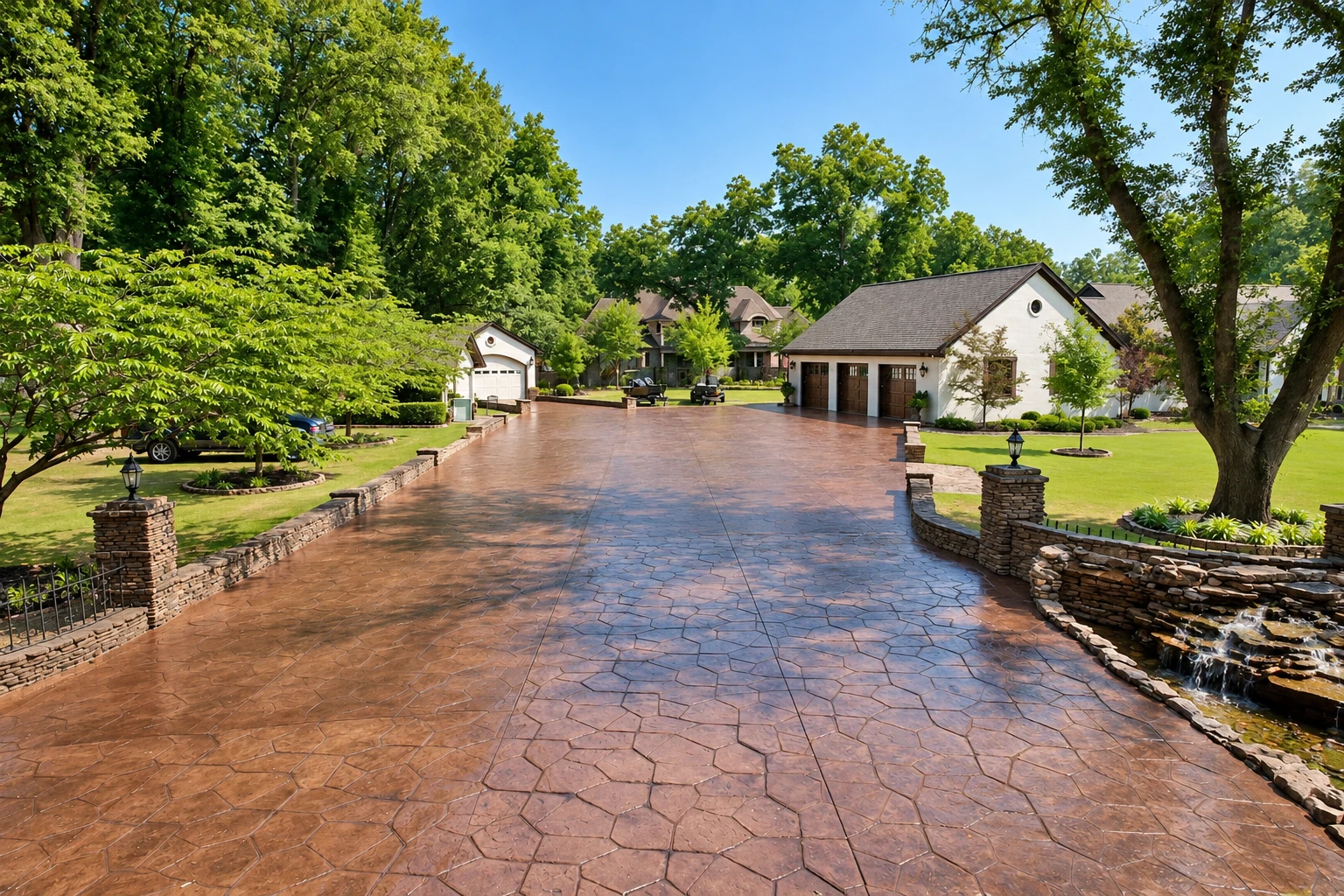 A wide stamped concrete driveway leads to a large house and garage, bordered by stone walls, lawns, trees, and a small waterfall.