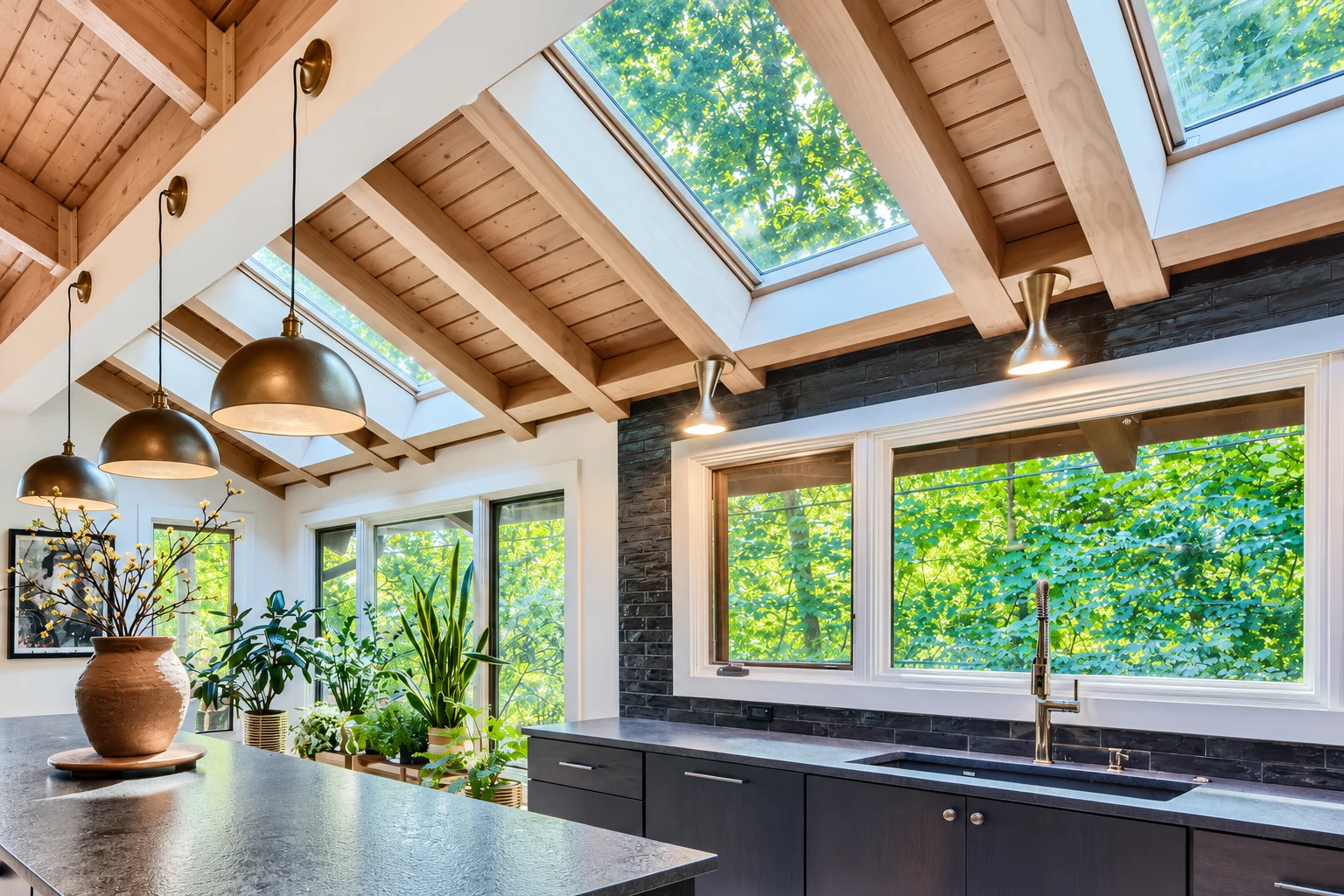 Bright kitchen with skylights, exposed timber beams, large windows, and dark counters over a polished concrete floor.