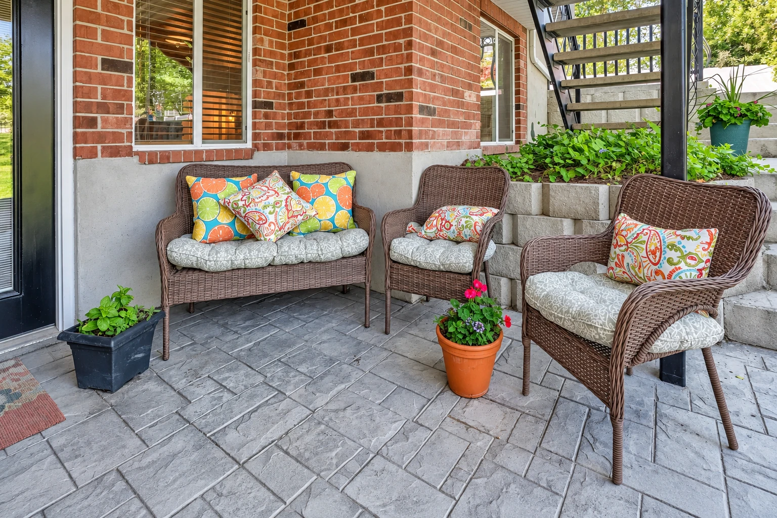 A paved concrete patio with wicker seating, colorful cushions, potted flowers and brick walls.