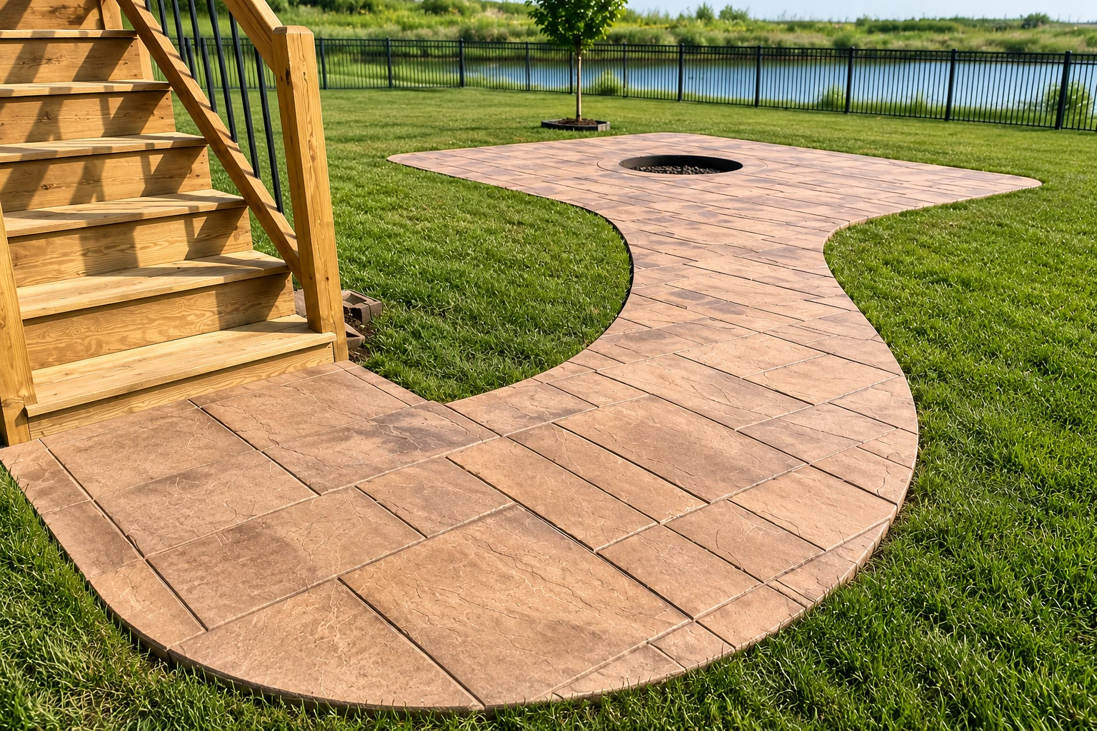 Curved stamped-concrete patio extends through a lawn from wooden deck stairs to a circular fire pit.