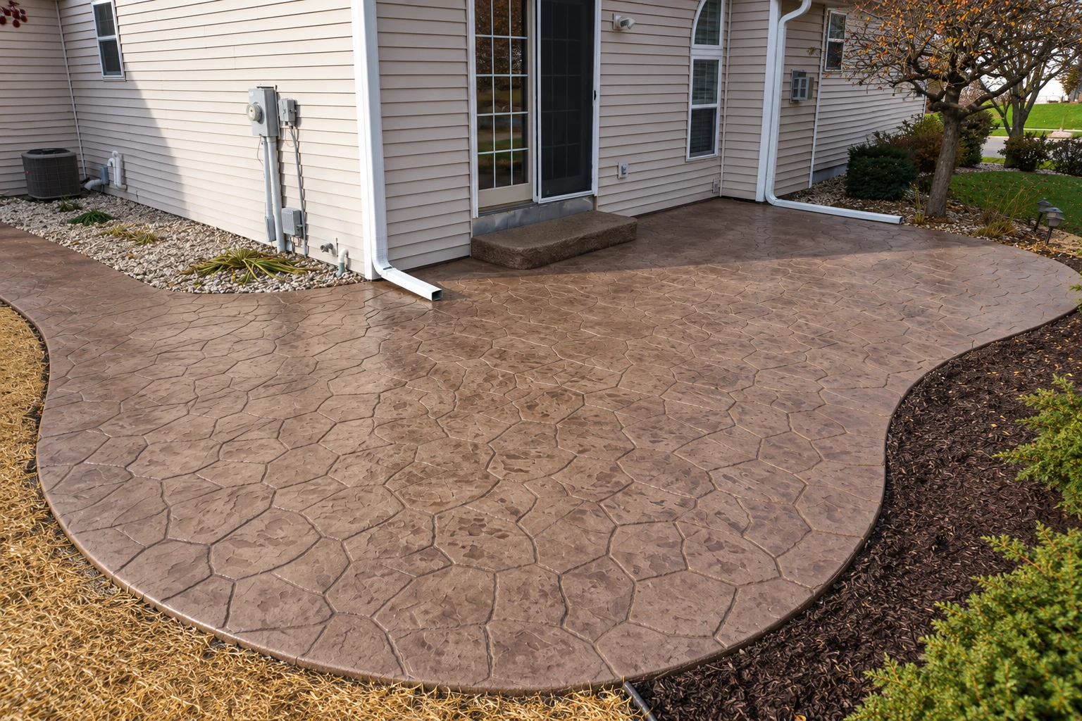 Stamped concrete patio with an irregular stone pattern curves along the side of a light-colored house.
