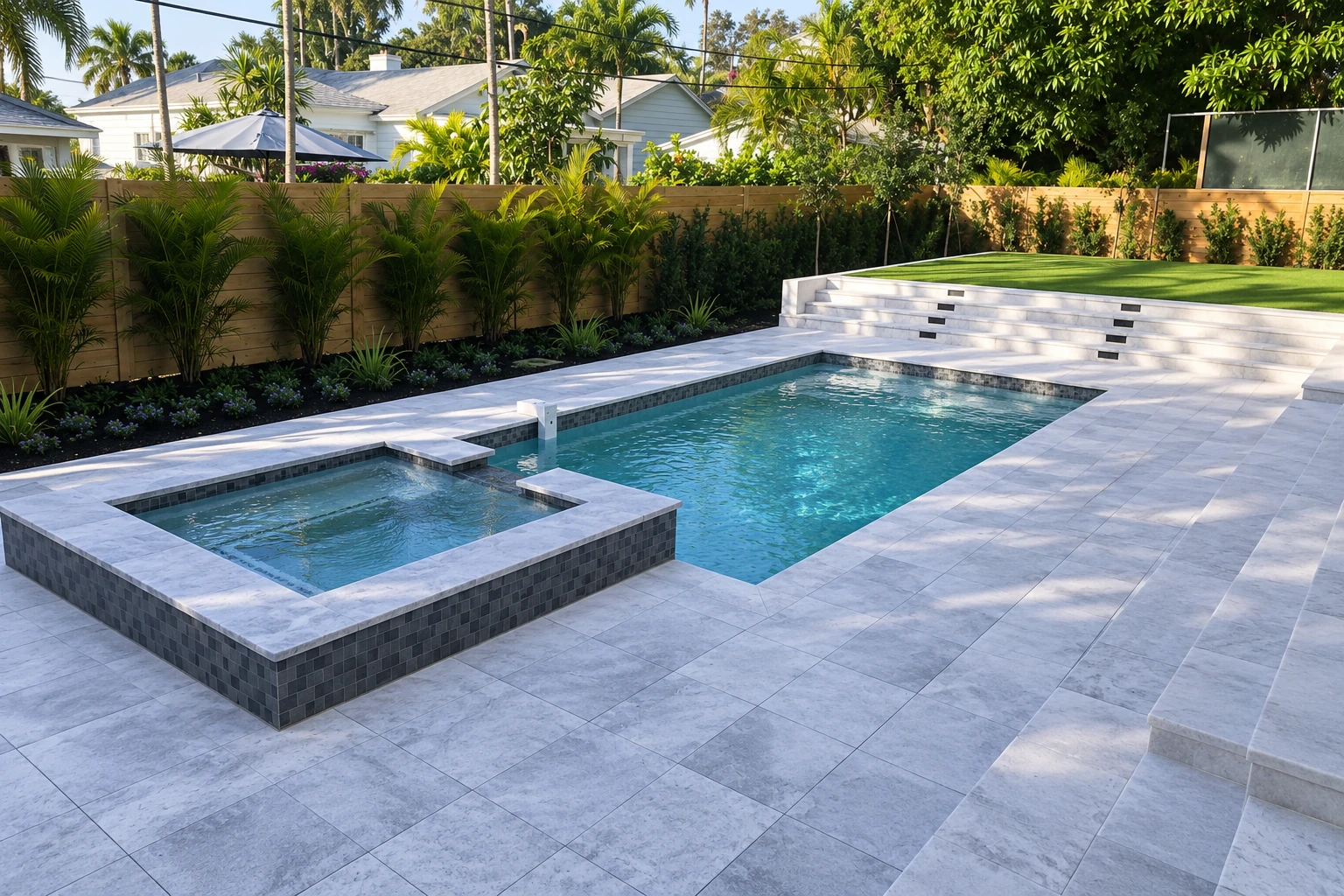 A rectangular swimming pool and raised spa are surrounded by a pale tiled concrete deck and broad steps.