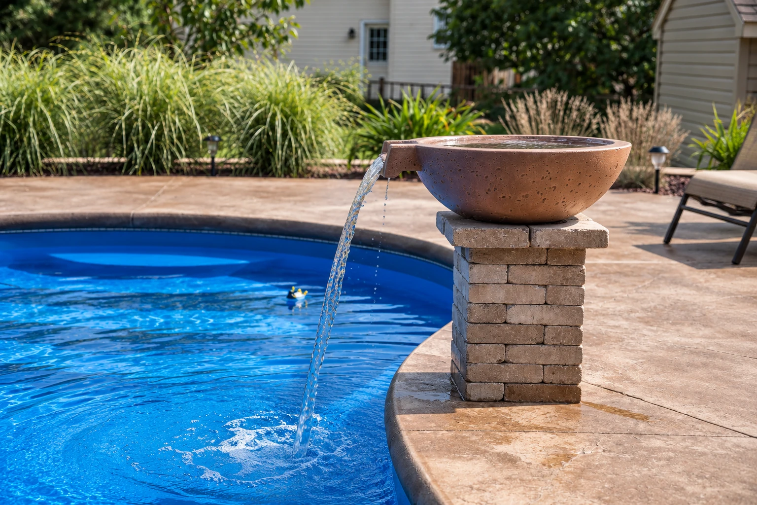 Stamped concrete pool deck surrounds a blue pool, with water spilling from a bowl fountain on a brick pedestal.