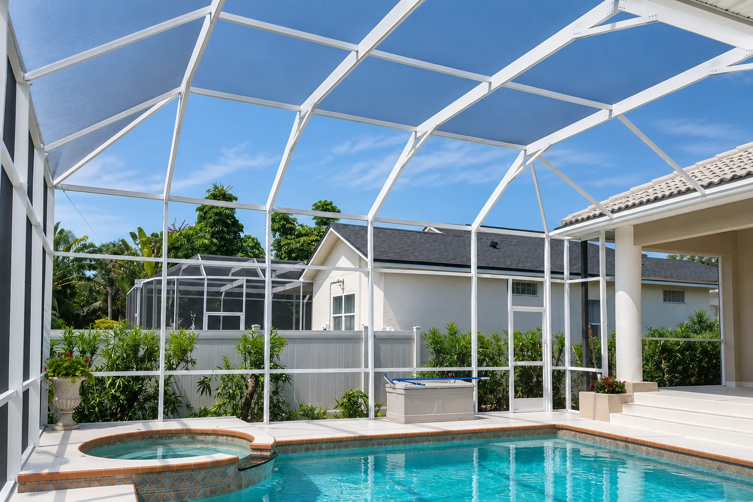 Enclosed swimming pool with a white screened structure and a white concrete deck around the water.