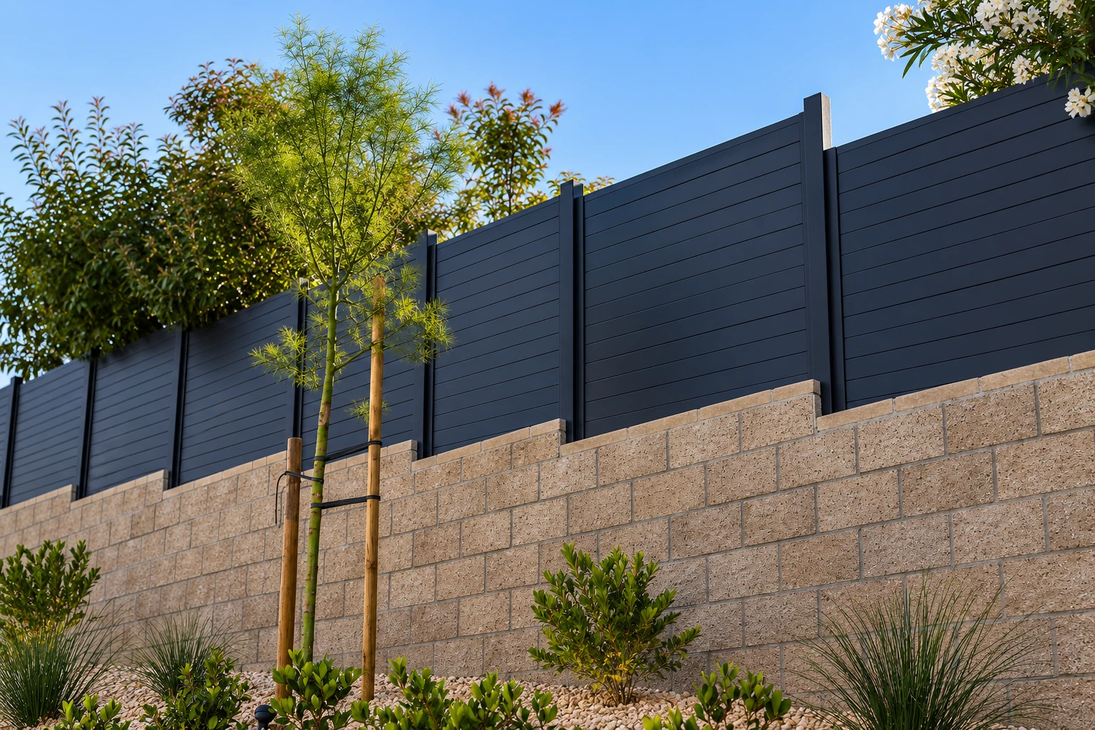 Concrete retaining wall topped by a tall dark horizontal-panel fence, with young trees and shrubs in front.