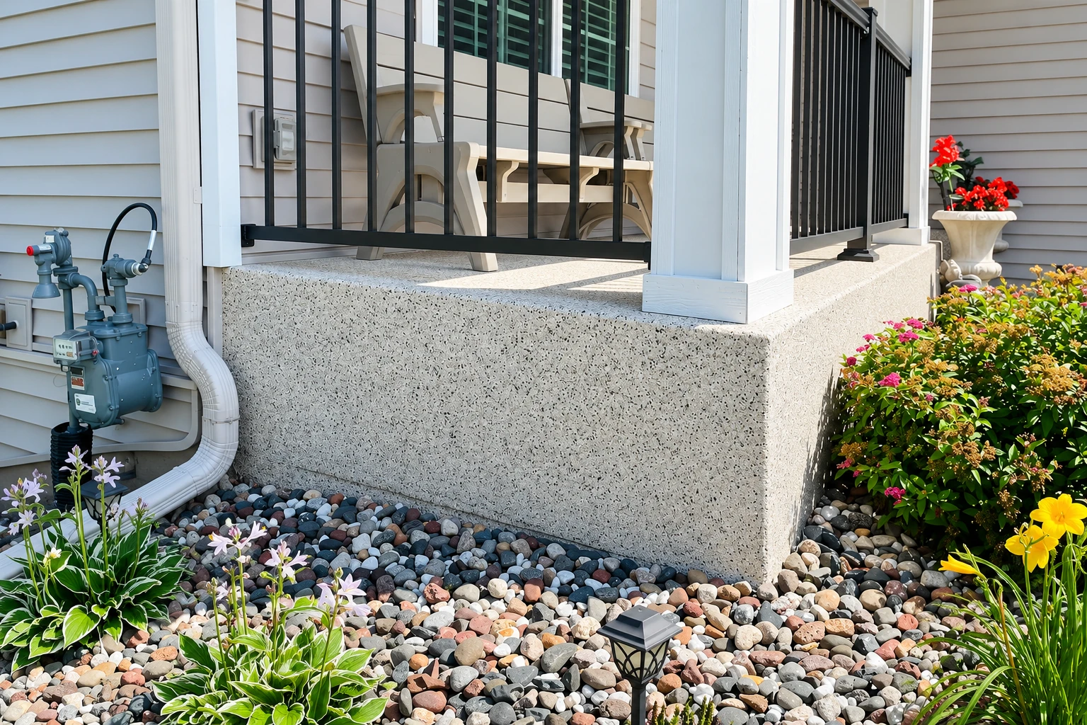 A speckled concrete retaining wall supports a raised porch, bordered by river stones and flowering plants.