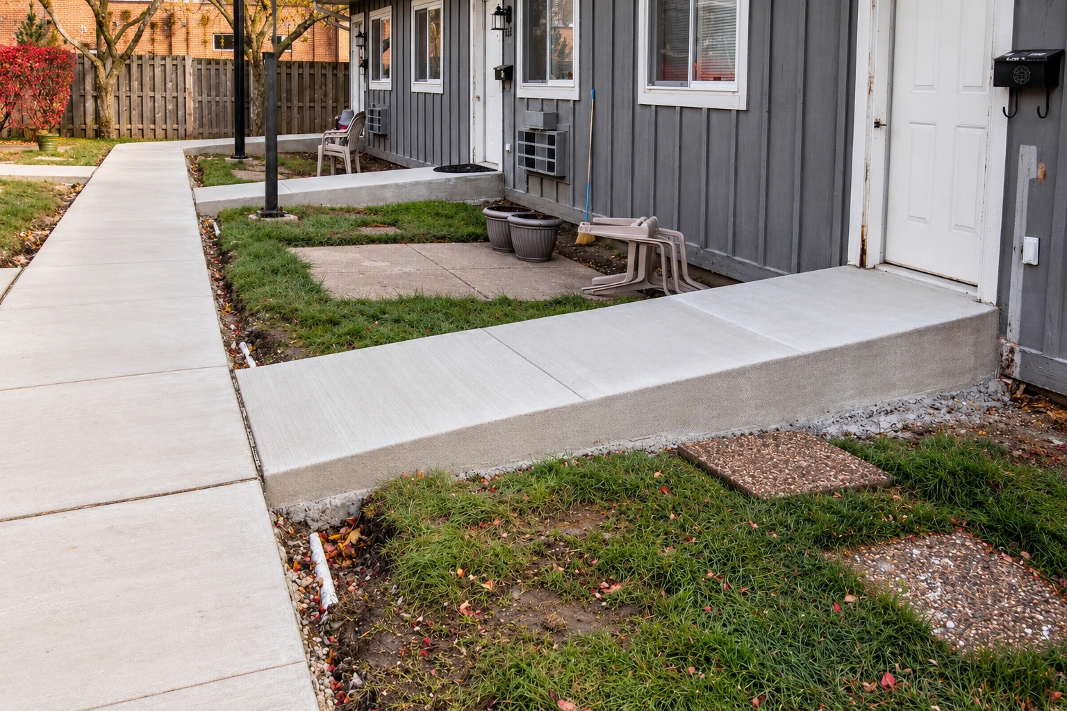 A new concrete sidewalk and raised entry landing run beside a gray house, with grass and gravel along the edges.