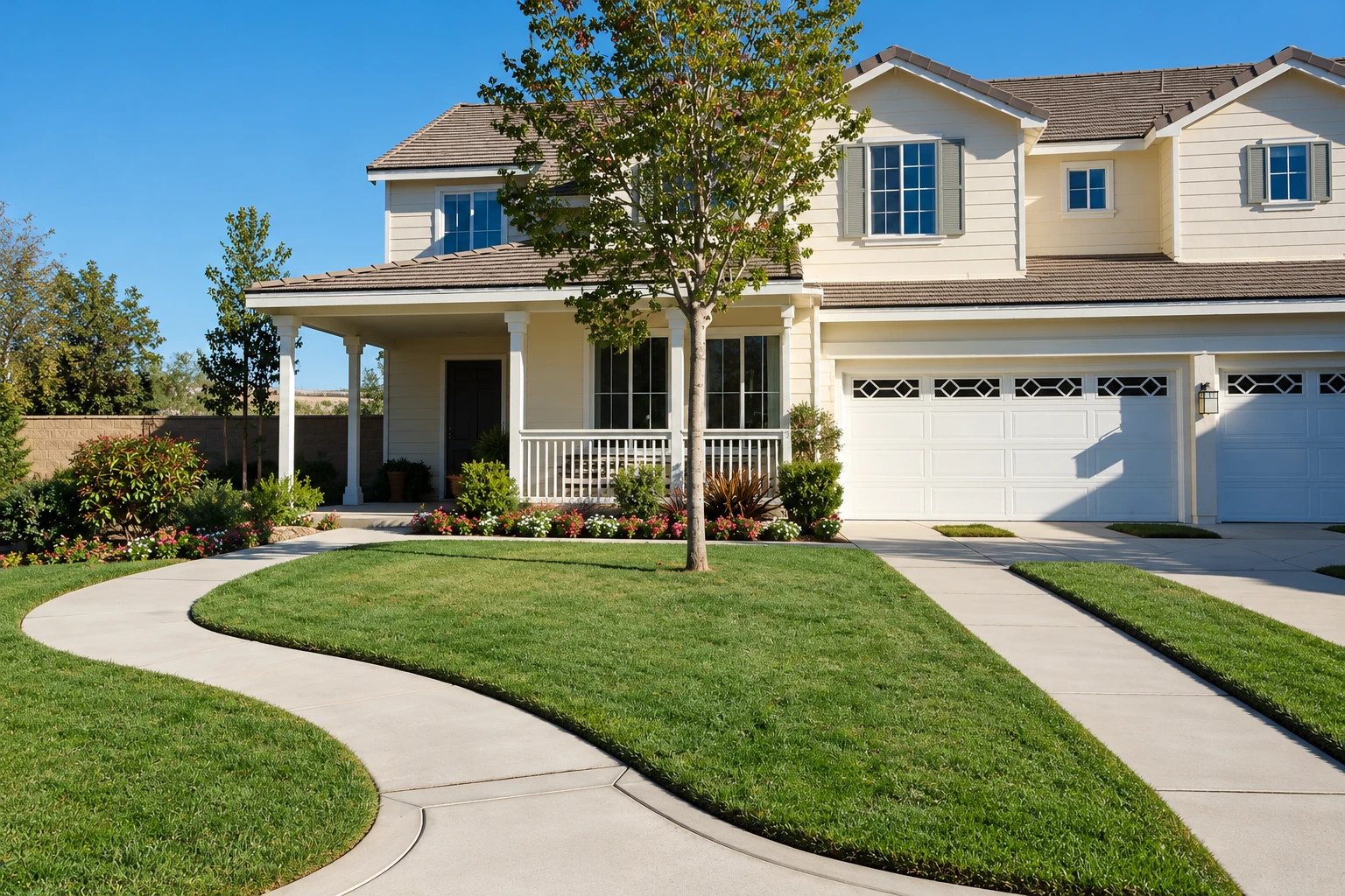 Curving concrete sidewalks cross a green lawn and lead to the porch and garage of a two-story house.