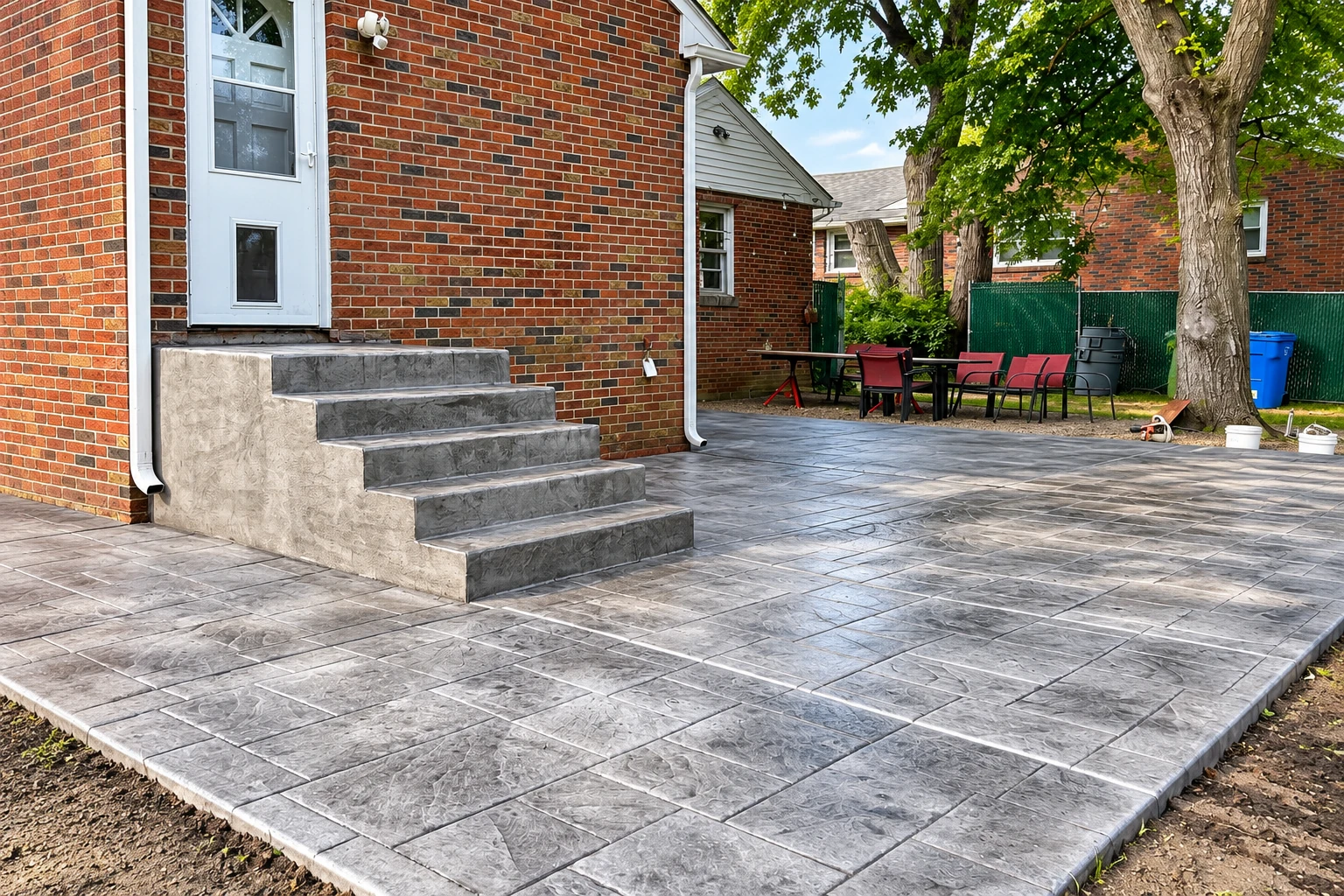 Broad concrete steps lead from a brick house to a patterned gray patio beneath a leafy backyard tree.