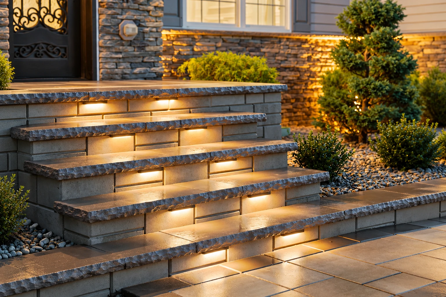 Concrete steps with dark stone-look edges and warm recessed lighting lead to a front entrance beside landscaped gravel beds.