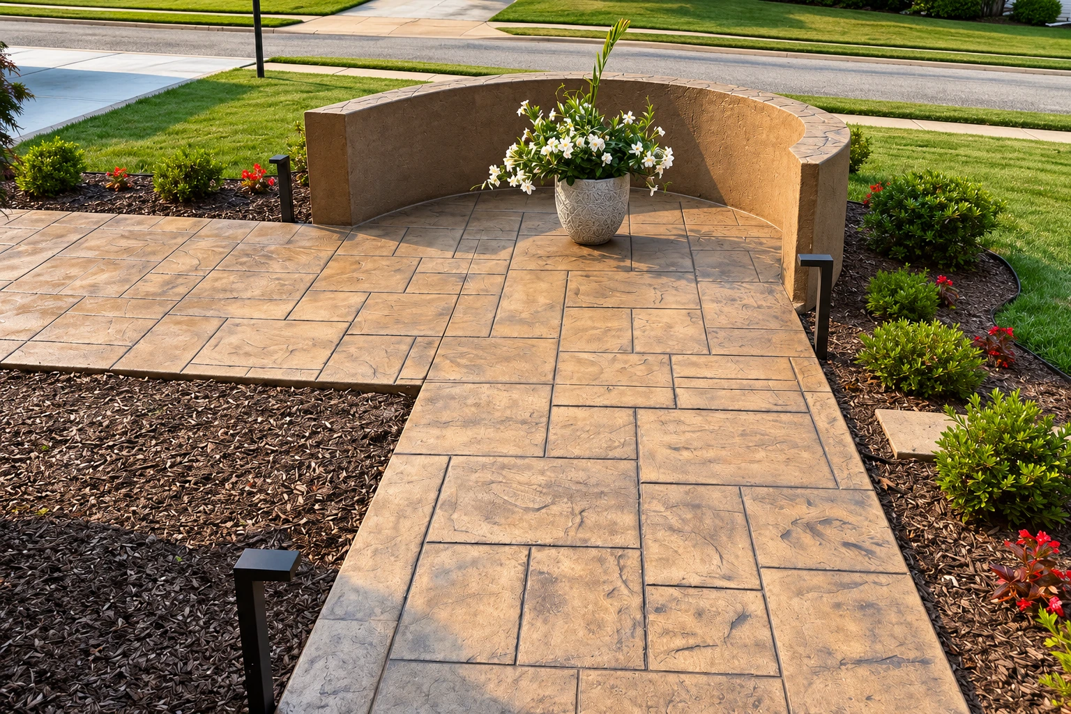 A stamped concrete walkway and patio with a warm stone pattern curves around a low garden wall and flowerpot.
