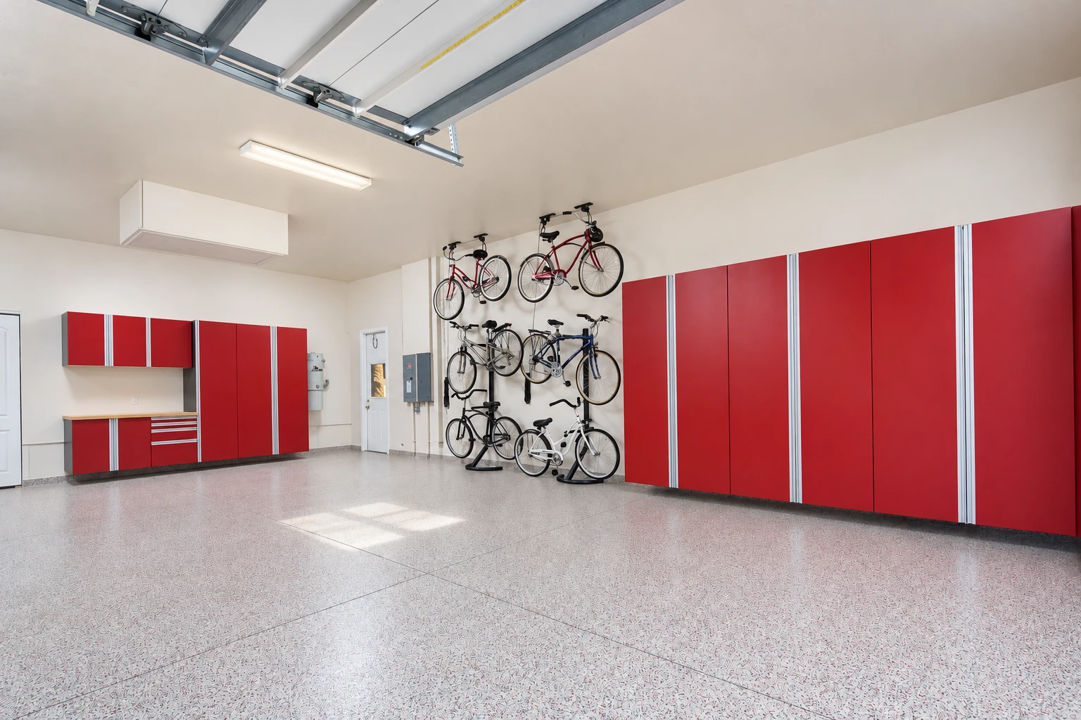 A polished speckled concrete garage floor spans a bright garage with red cabinets and bicycles stored on the wall.