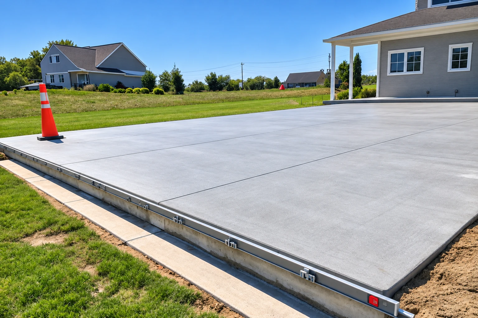 A newly poured concrete slab foundation beside a house, with metal forms along the edge and an orange traffic cone on top.