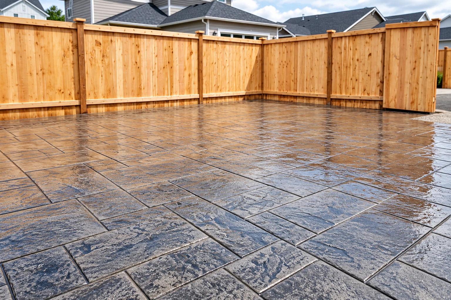 A large wet stamped concrete patio with rectangular stone-like patterns fills a fenced backyard.
