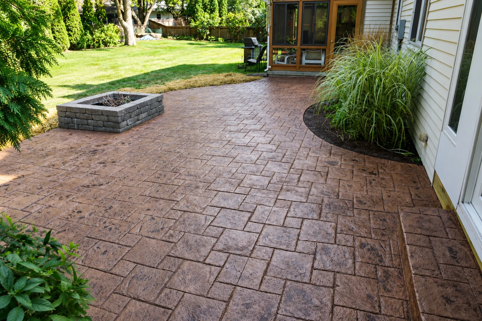A reddish-brown stamped concrete patio patterned like brick pavers extends beside a house and garden.